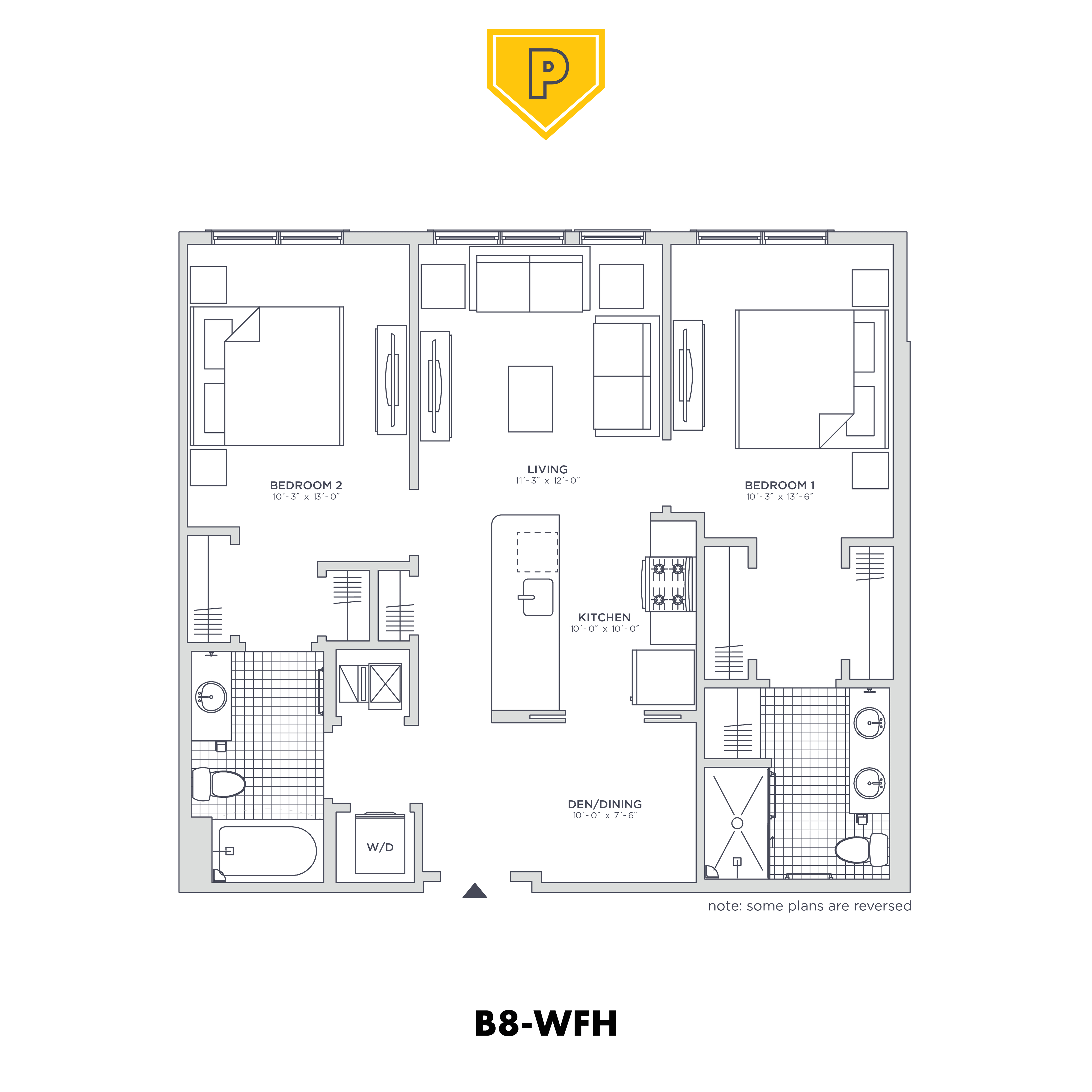 Floor plan for 2 beds, 2 baths, 964 sqft